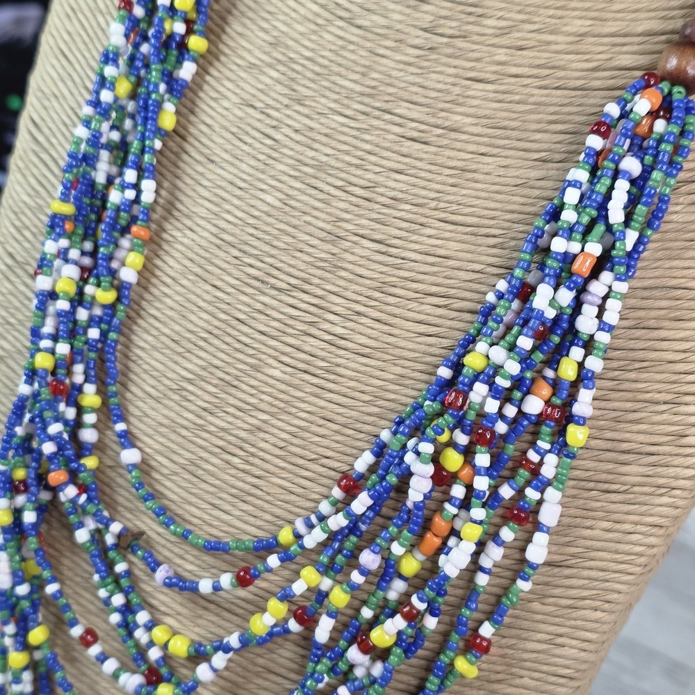 Handmade Multi-Strand Beads Wood Necklace Boho Colorful Artisan Statement 15" - Picture 4 of 7